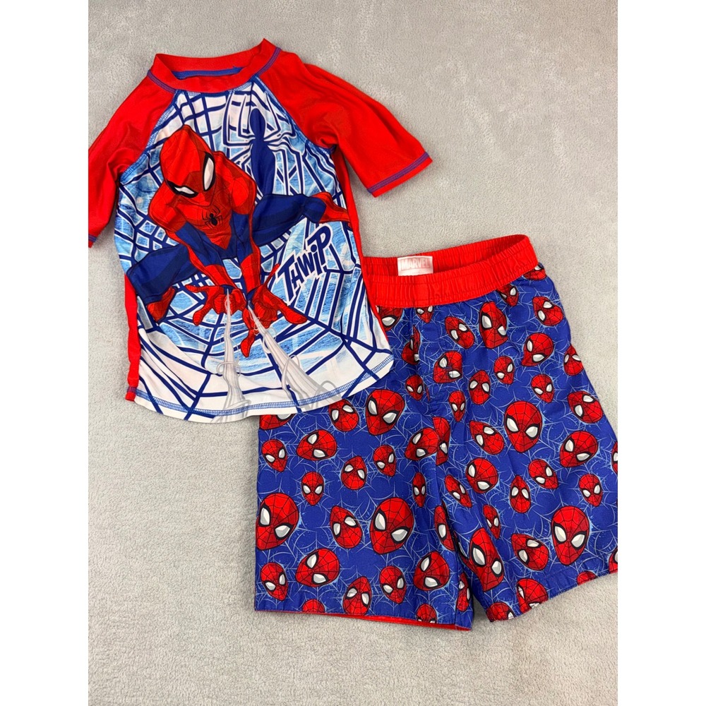 Kids Spider-Man‎ Size Small Rash Guard Swim Shirt and Swim Trunks Shorts Set
